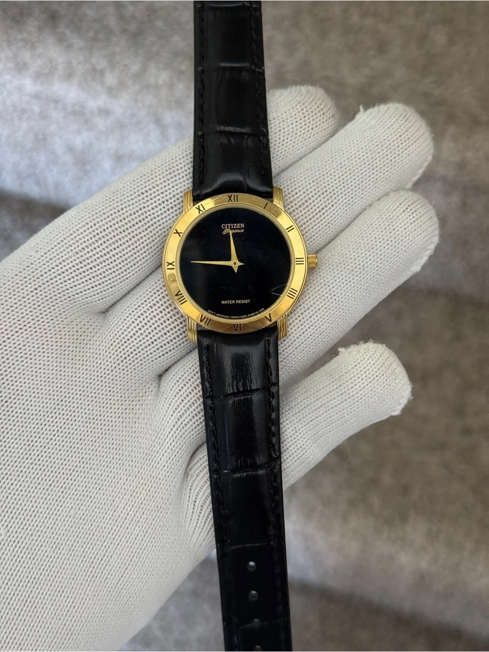 Citizen Elegance Gold Tone Case with Black Dial and Black Leather Strap